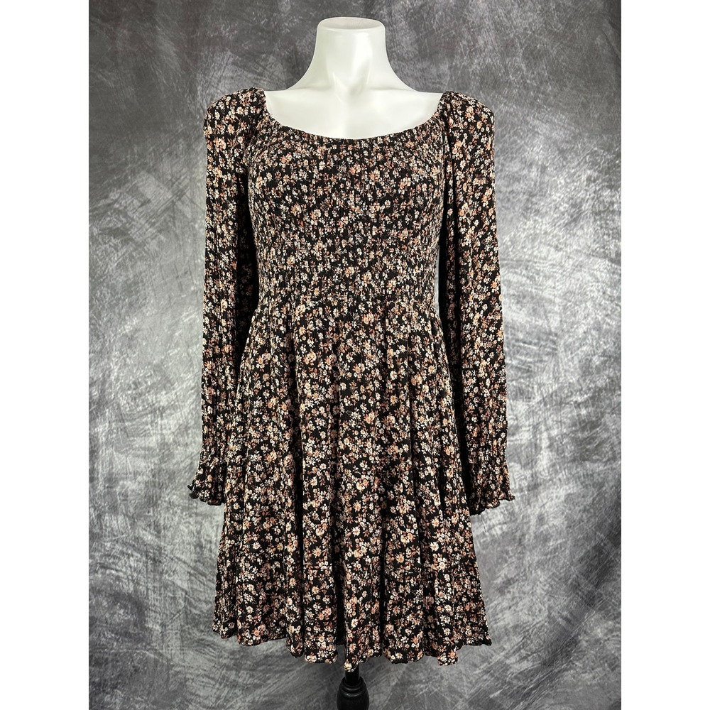 Altar'd State Mini Dress Womens Medium Black Floral Smocked Square Neck ID83495